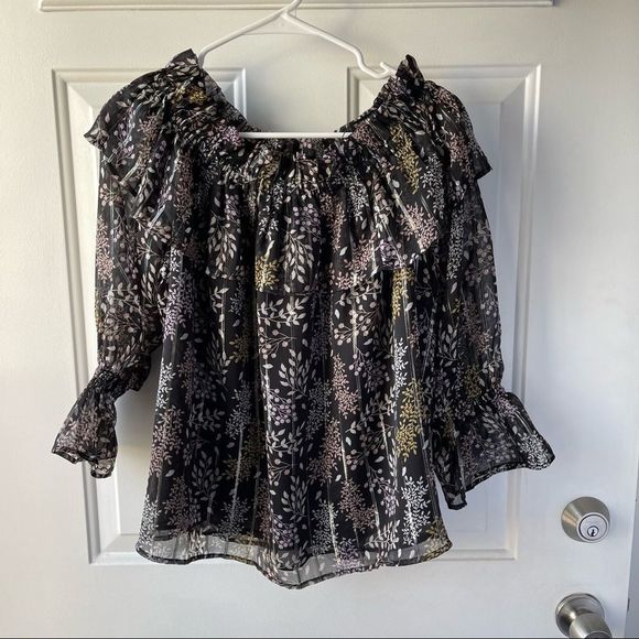 Ann Taylor Loft Black Sheer Floral Ruffle Off the Shoulder Flowy Top Sz M - Picture 1 of 4